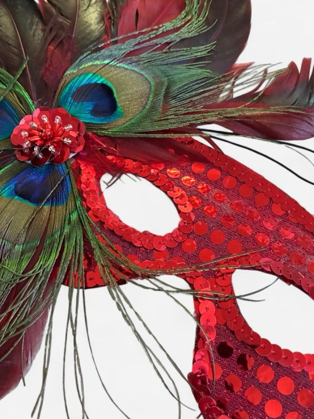 Red Sequin Peacock Feather Masquerade Mask